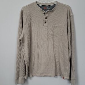 The American Outdoorsman Henley Shirt Mens L Khaki Tan 3 Button Waffle Knit